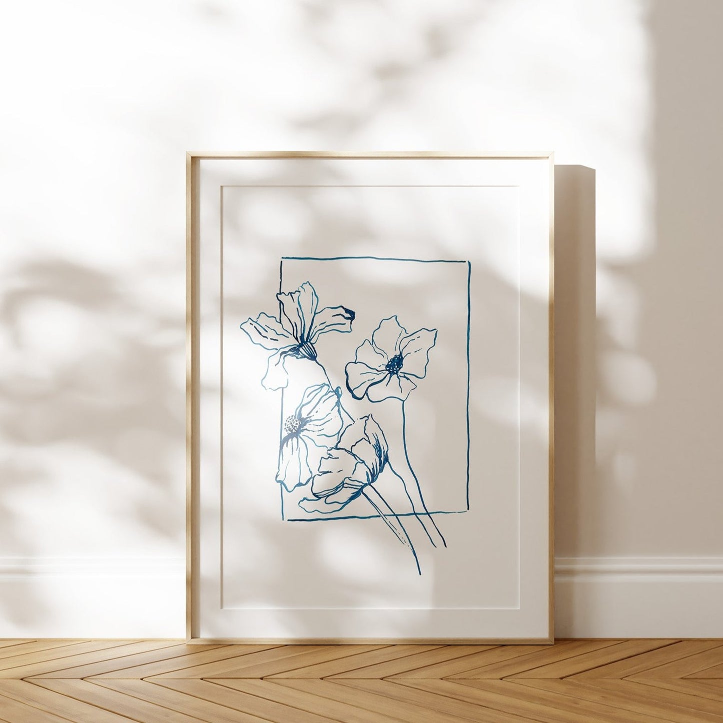 Delicate Line Flowers Blue Ink Print