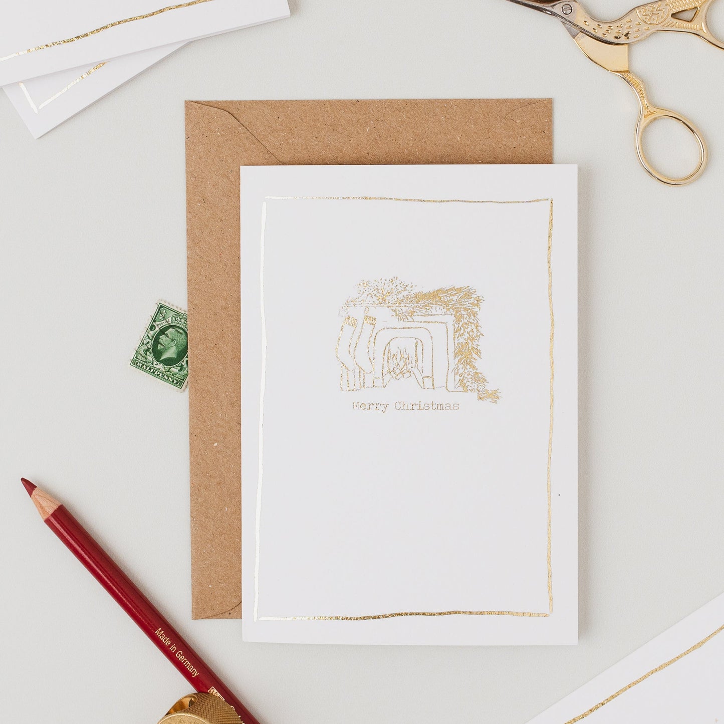 Cosy Fire Place Sketch Gold Foil Christmas Card