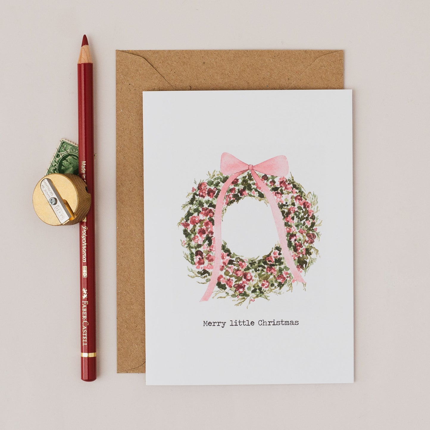Pink Watercolour Christmas Wreath Design Christmas Card