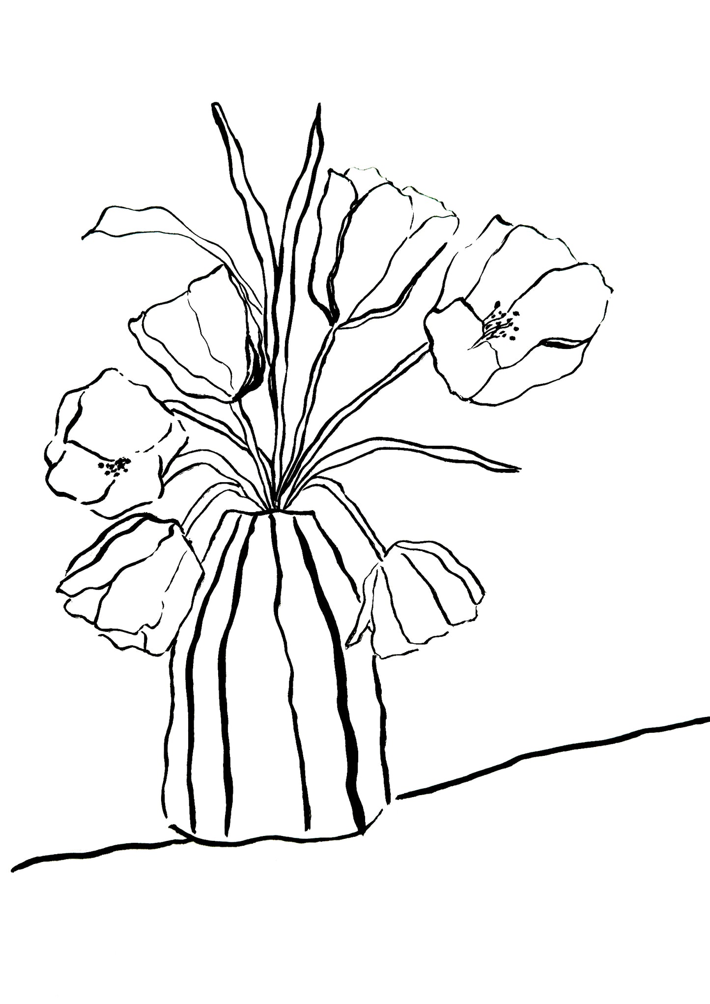 Tulips in Striped Vase Still Life Ink Drawing Print
