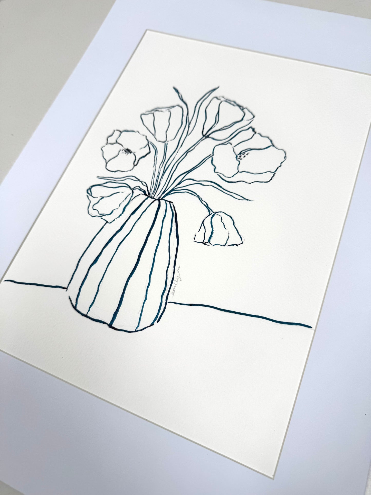 Tulips Original Blue Ink Still Life Drawing