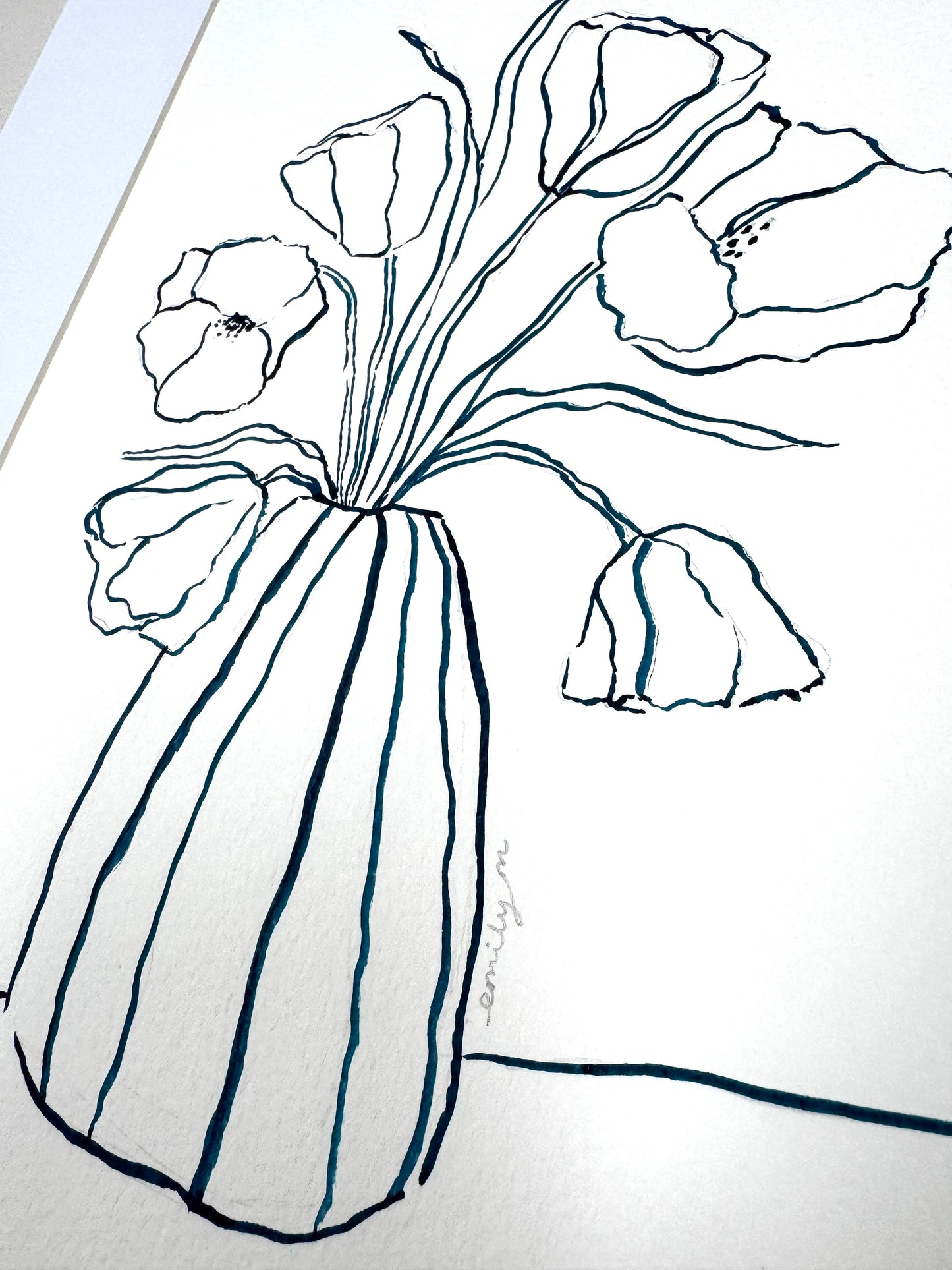 Tulips Original Blue Ink Still Life Drawing