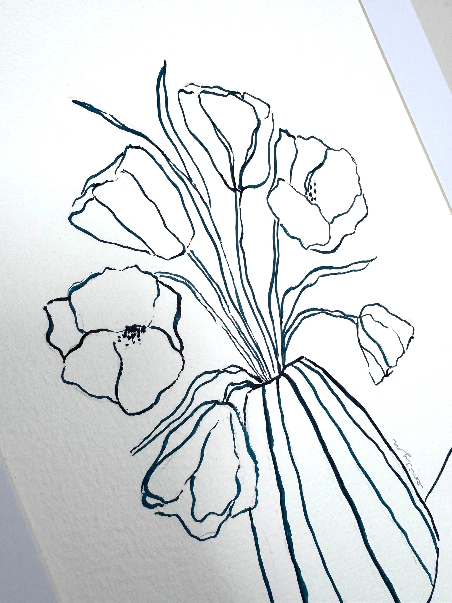 Tulips Original Blue Ink Still Life Drawing