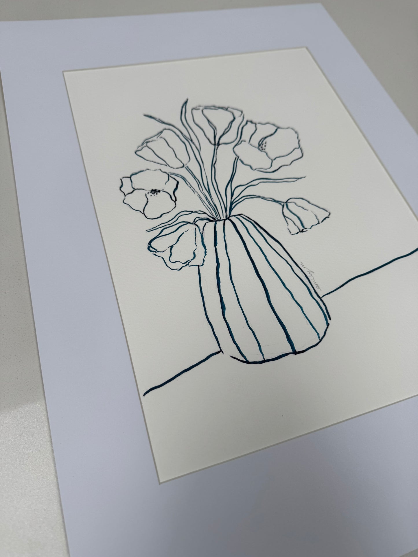 Tulips Original Blue Ink Still Life Drawing