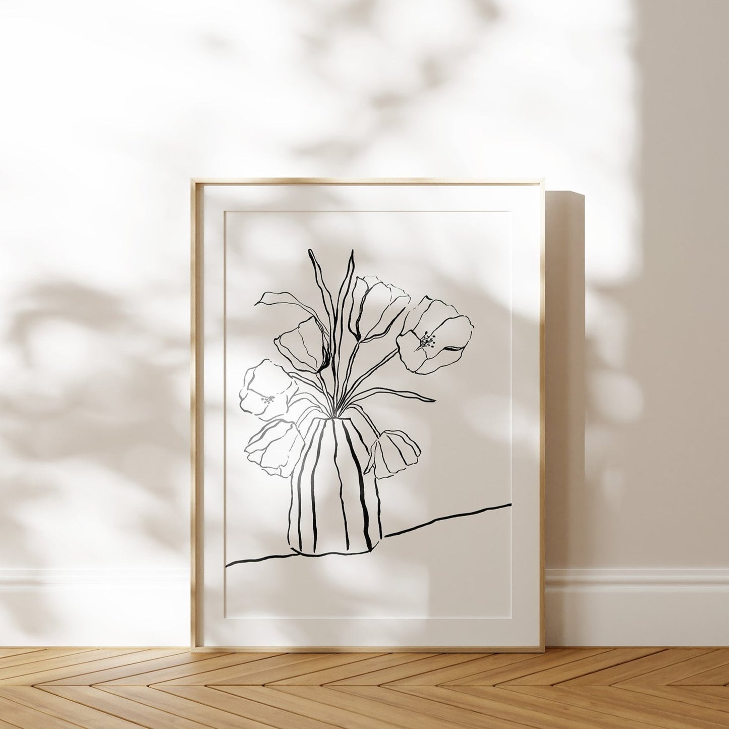 Tulips in Striped Vase Still Life Ink Drawing Print