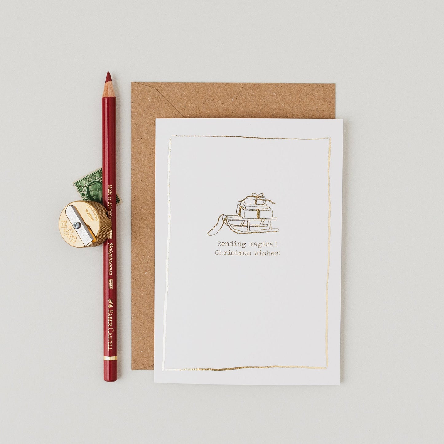 Magical Christmas Wishes Gifts Sketch Gold Foil Christmas Card