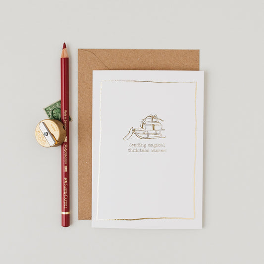 Magical Christmas Wishes Gifts Sketch Gold Foil Christmas Card