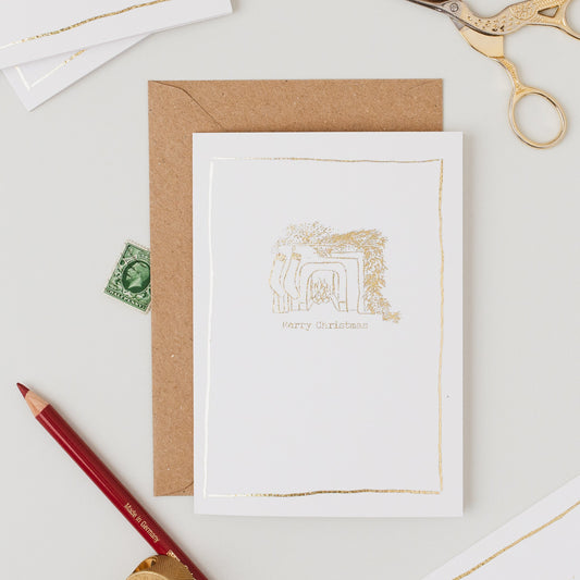 Cosy Fire Place Sketch Gold Foil Christmas Card
