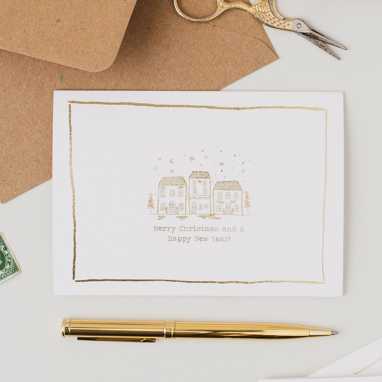 Mini Houses Sketch Gold Foil Christmas and New Year Card
