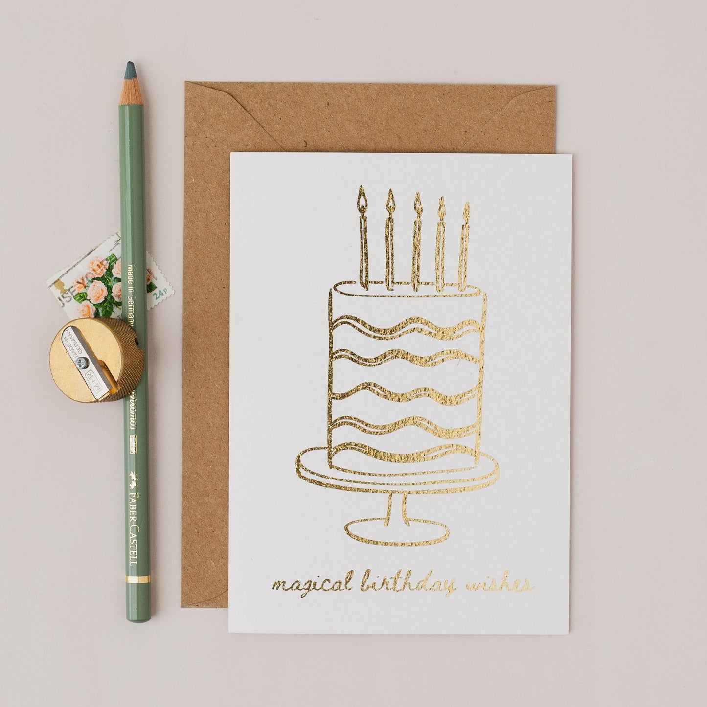 Magical Birthday Wishes Cake Sketch Gold Foil Card