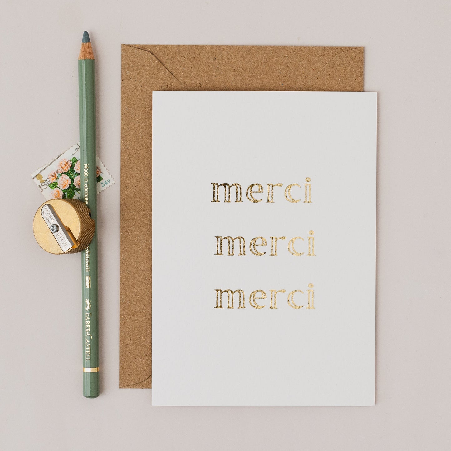 Merci Merci Merci Gold Foil Thank You Card