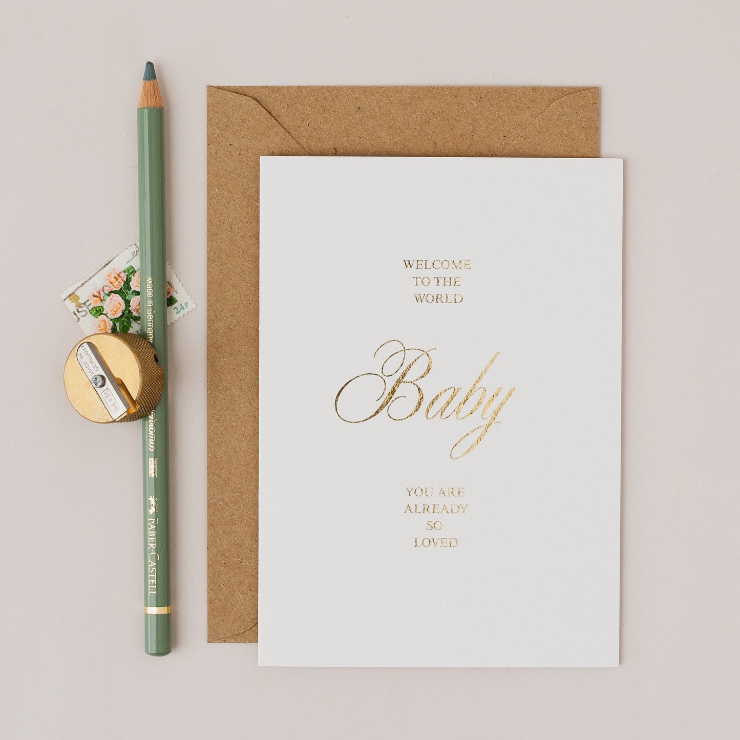 Welcome to the World New Baby Gold Foil Printed Calligraphy Card