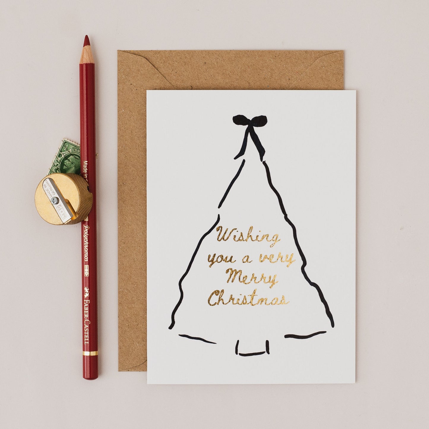 Wishing you a Merry Christmas Tree and Bow Outline Gold Foil Christmas Card