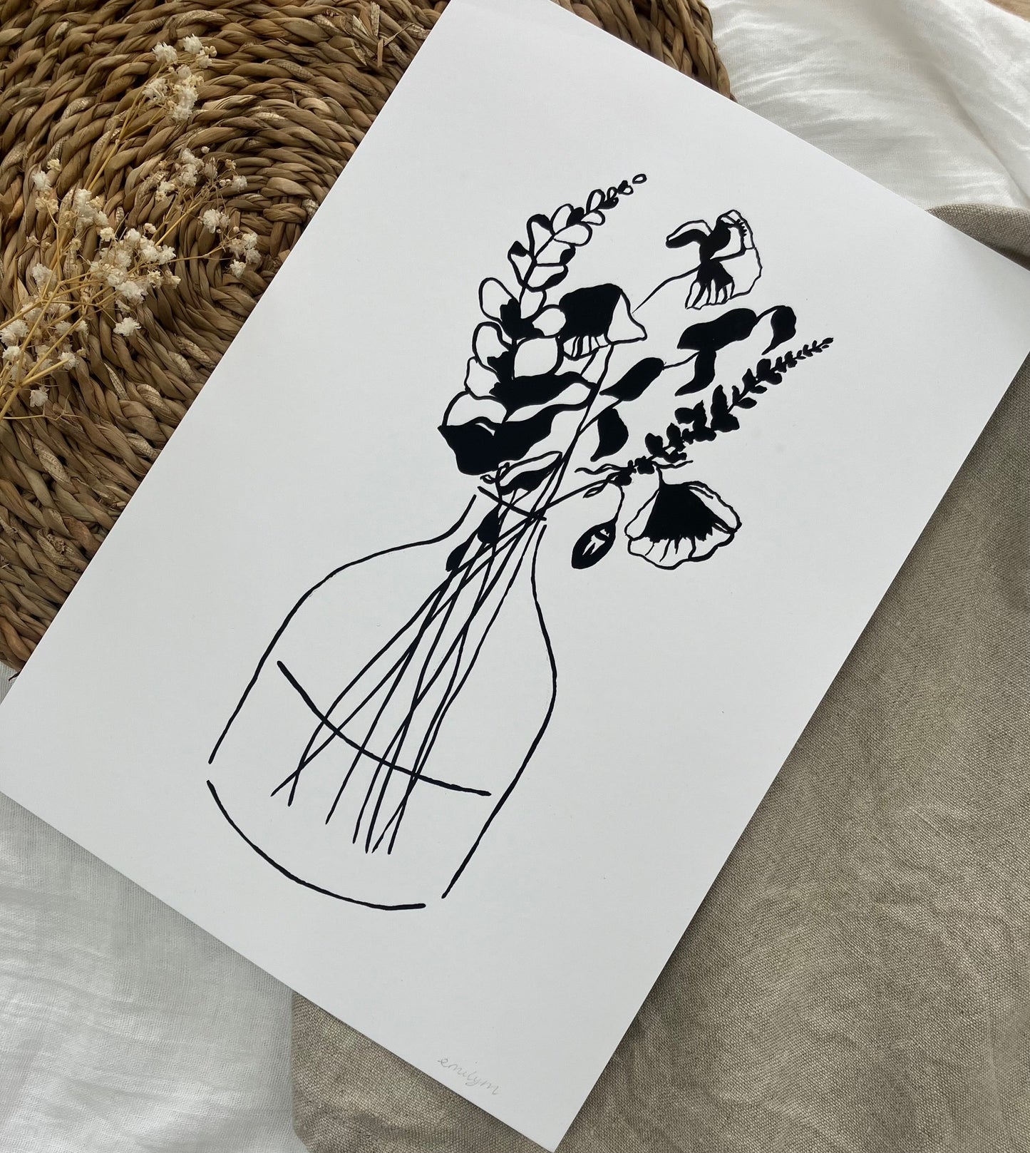 Delicate Blooms Black Drawing Print