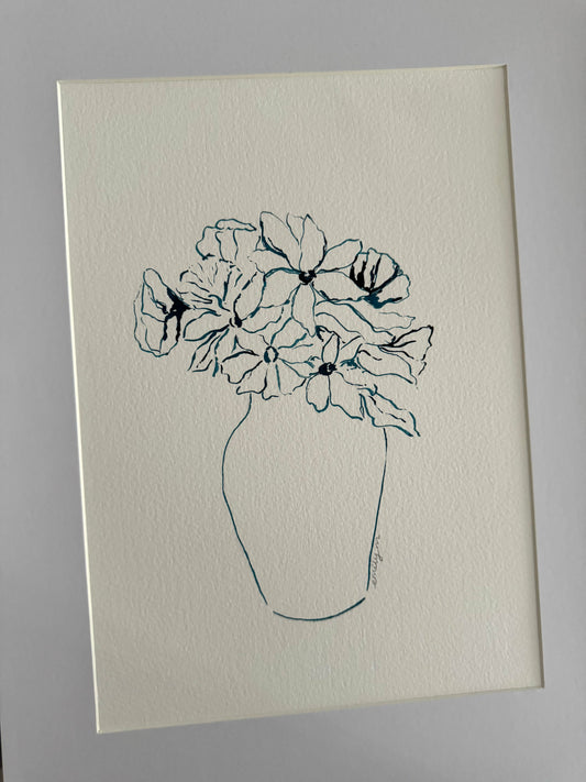 Original Floral Vase Still Life Ink Drawing