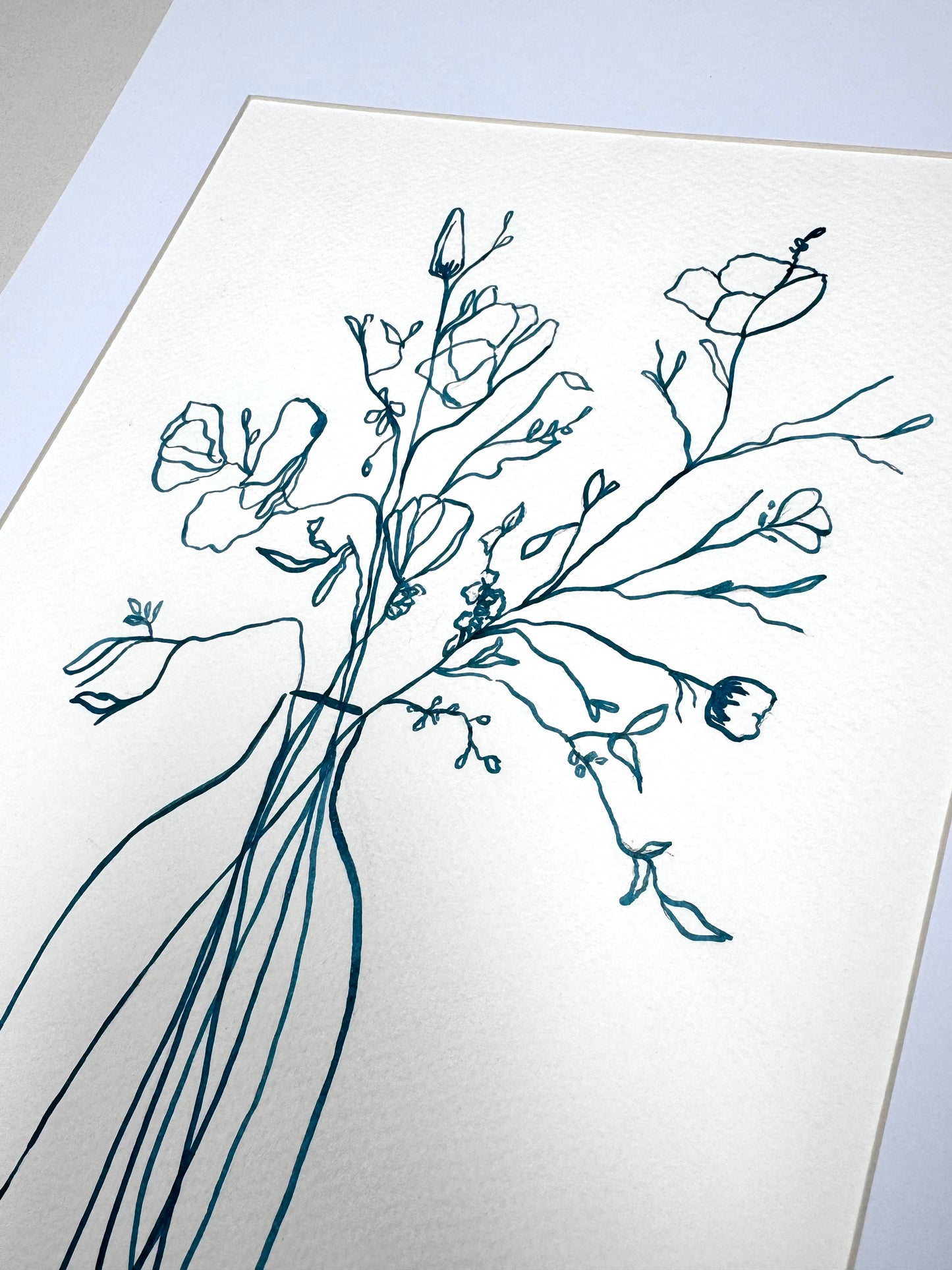 Wild Flowers Original Blue Ink Still Life Drawing