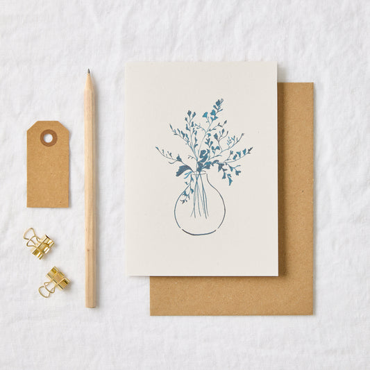 Floral Vase Blue Ink Sketch Greeting Card
