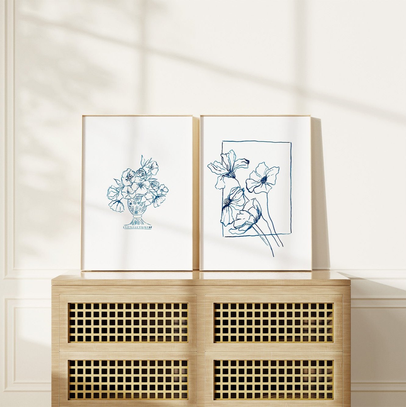 Delicate Line Flowers Blue Ink Print